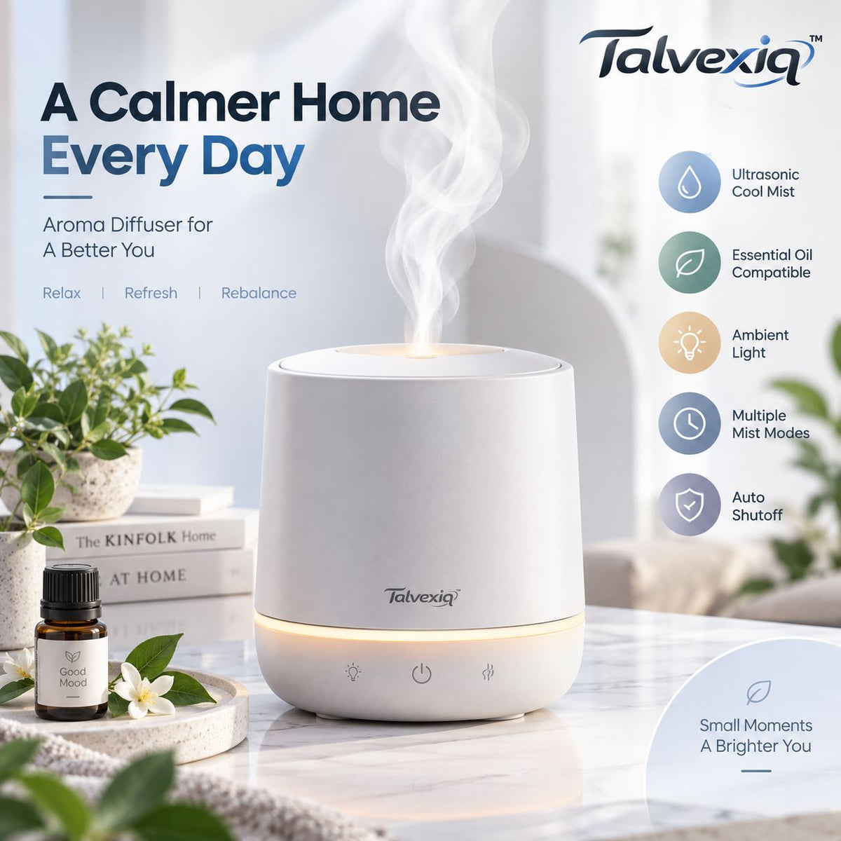 Talvexiq™ AuraMist 300 Aroma Diffuser – Ultrasonic Essential Oil Diffuser, 10 oz Cool Mist, Ambient Light & Auto Shutoff