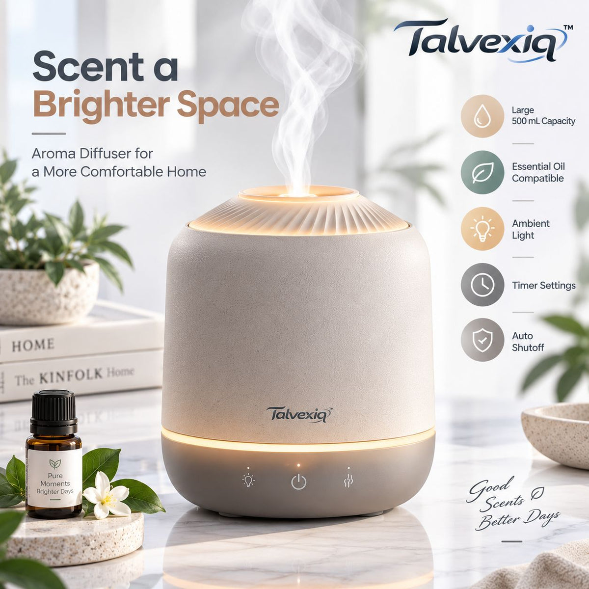 Talvexiq™ HaloScent 500 Aroma Diffuser – 17 oz Ultrasonic Essential Oil Diffuser with Timer & Warm Ambient Glow