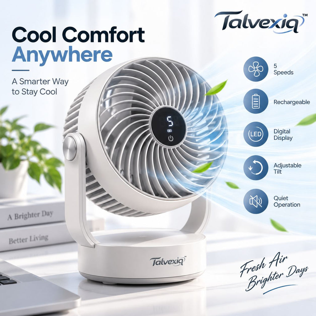 Talvexiq™ AirArc S5 USB Desk Fan – Rechargeable 5-Speed Personal Fan with Digital Display, USB-C Charging & Adjustable Tilt