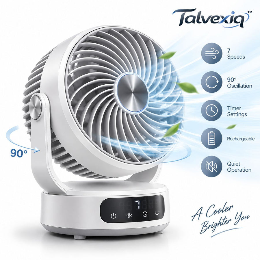 Talvexiq™ AirOrbit S7 Oscillating Desk Fan – 7-Speed Rechargeable Air Circulator with 90° Oscillation, Timer & Digital Display