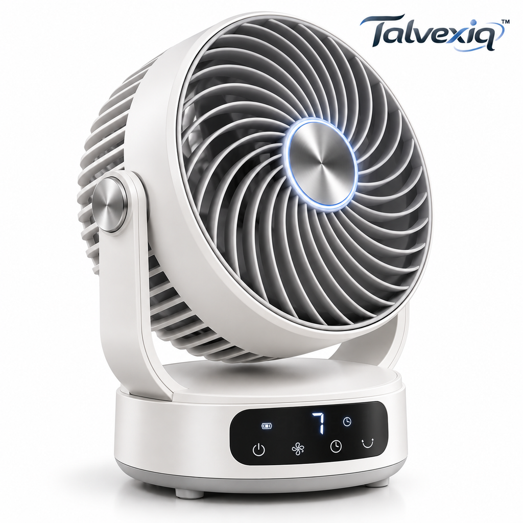 Talvexiq™ AirOrbit S7 Oscillating Desk Fan – 7-Speed Rechargeable Air Circulator with 90° Oscillation, Timer & Digital Display