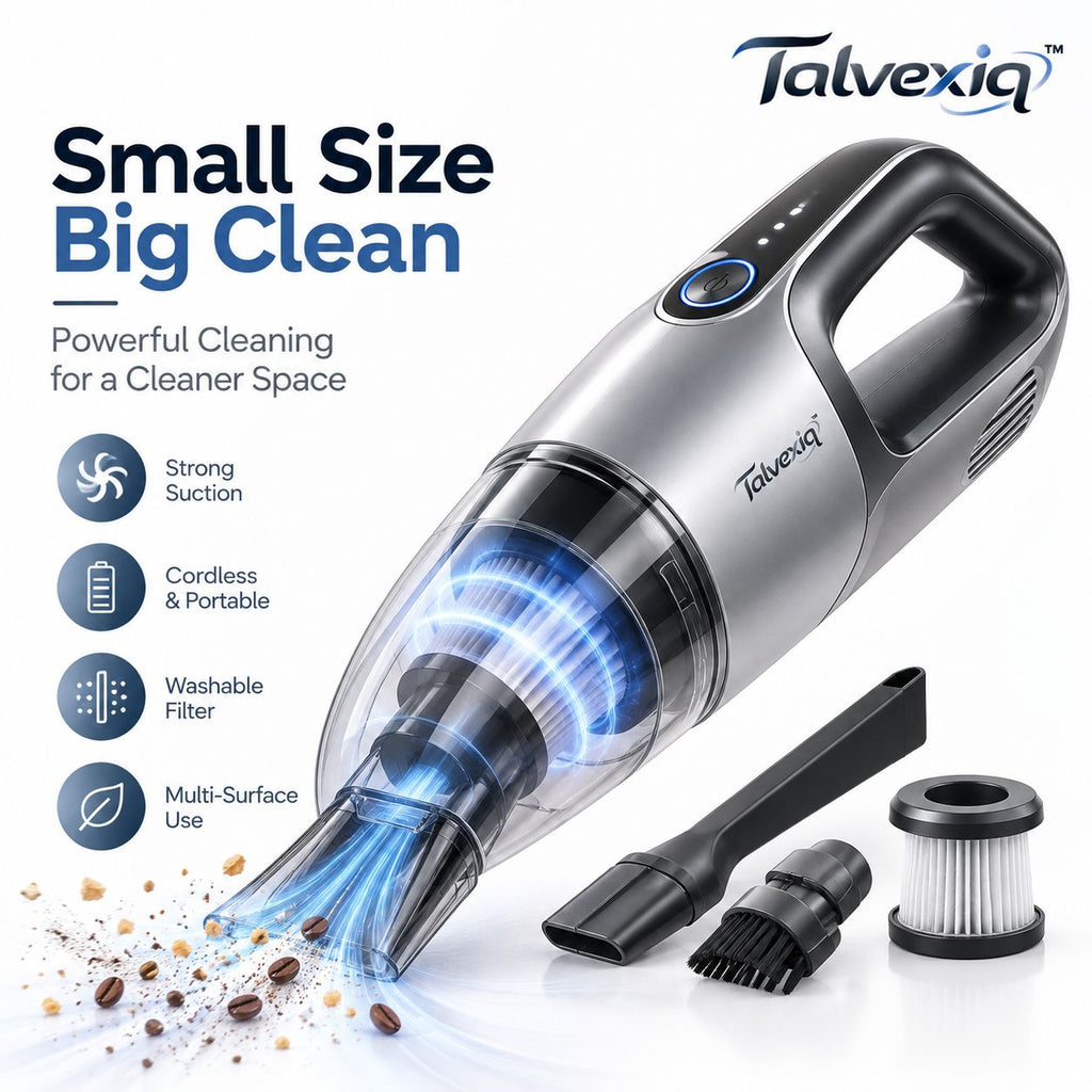 Talvexiq™ DustPod H1 Handheld Mini Vacuum – Cordless Desktop Vacuum with Crevice Tool, Brush Nozzle & Washable Filter