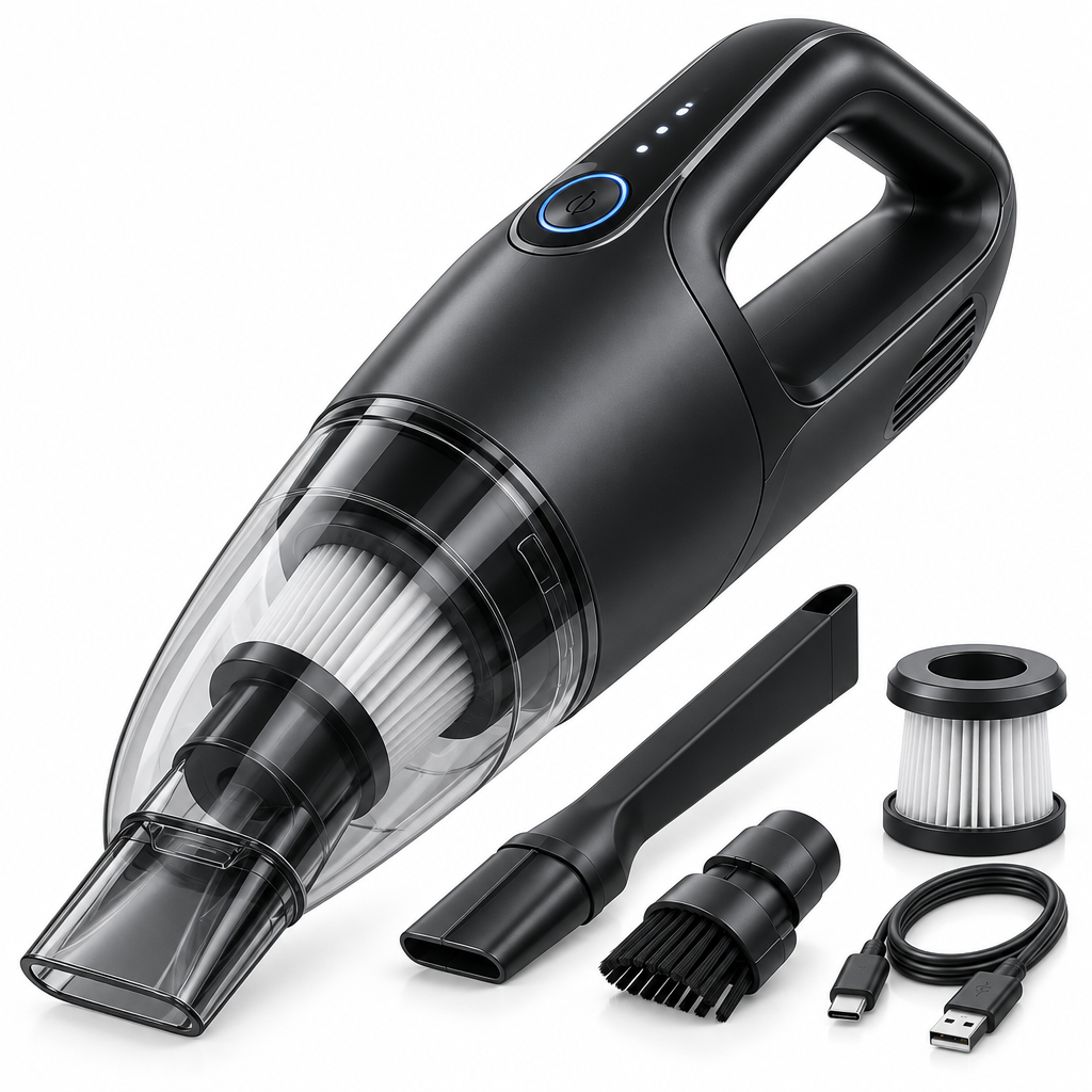 Talvexiq™ DustPod H1 Handheld Mini Vacuum – Cordless Desktop Vacuum with Crevice Tool, Brush Nozzle & Washable Filter