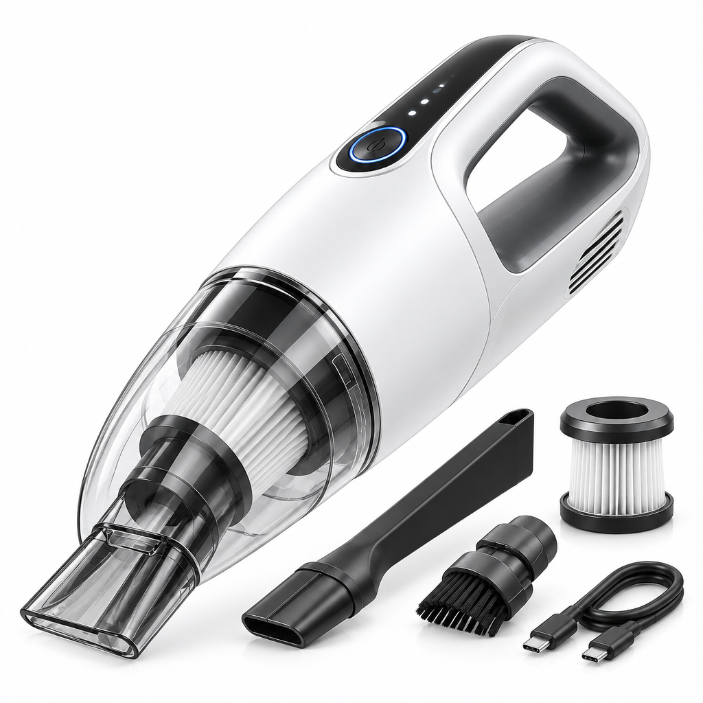 Talvexiq™ DustPod H1 Handheld Mini Vacuum – Cordless Desktop Vacuum with Crevice Tool, Brush Nozzle & Washable Filter