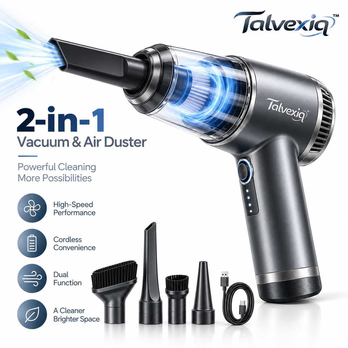 Talvexiq™ DustJet H2 Handheld Vacuum & Air Duster – Rechargeable 2-Speed Mini Vacuum with Dual-Function Attachments