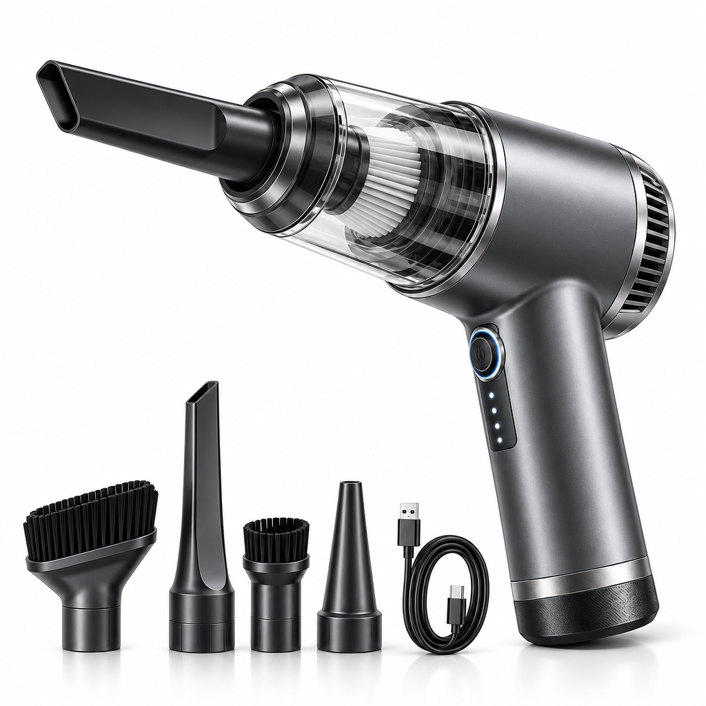 Talvexiq™ DustJet H2 Handheld Vacuum & Air Duster – Rechargeable 2-Speed Mini Vacuum with Dual-Function Attachments