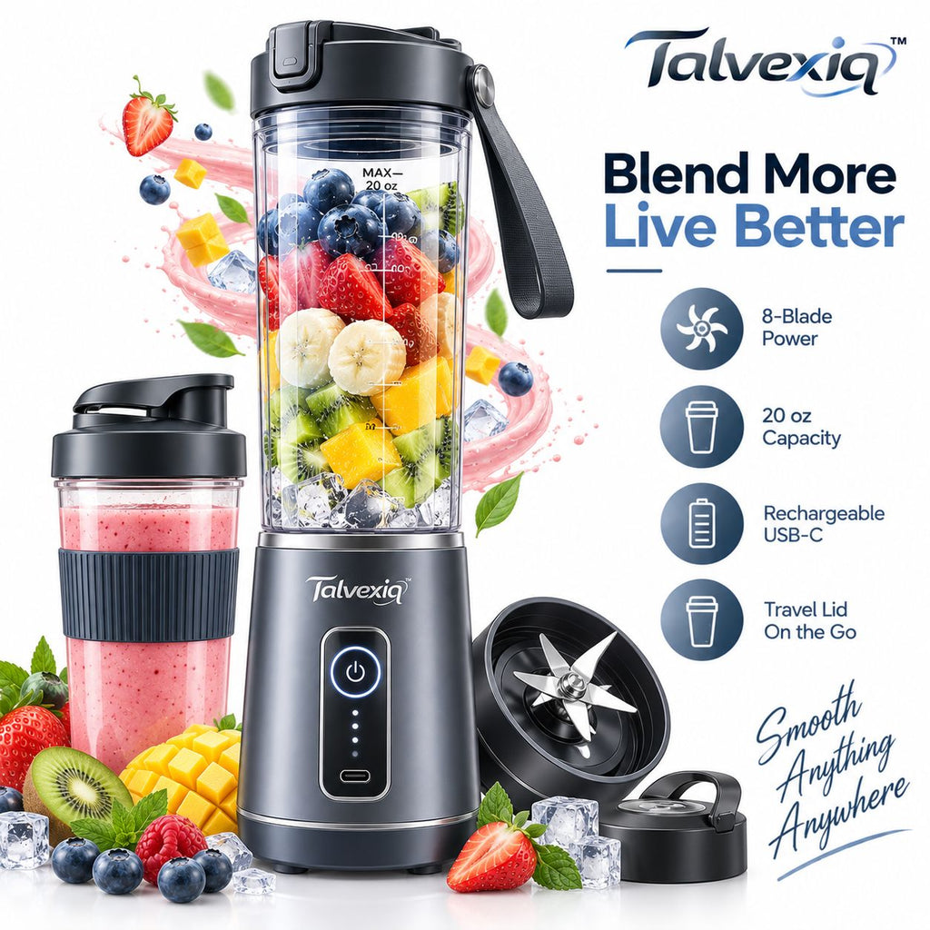 Talvexiq™ BlendGo Pro 20 Portable Blender – 20 oz Rechargeable Personal Blender with 8-Blade System, Pulse Mode & Travel Lid