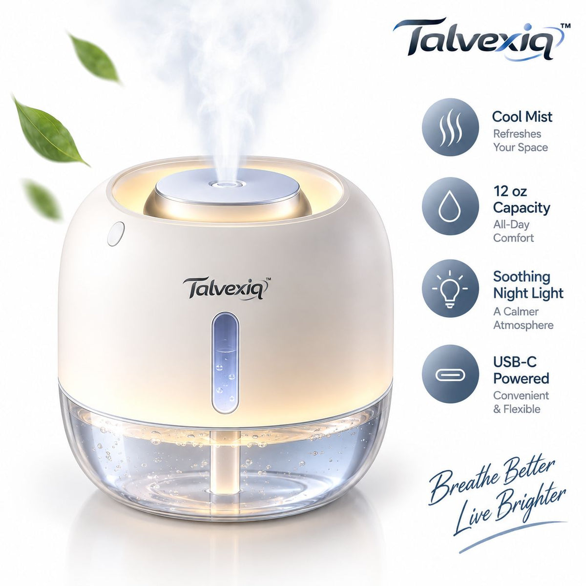 Talvexiq™ MistPebble 12 Portable Mini Humidifier – 12 oz USB-C Cool Mist Desktop Humidifier with Night Light