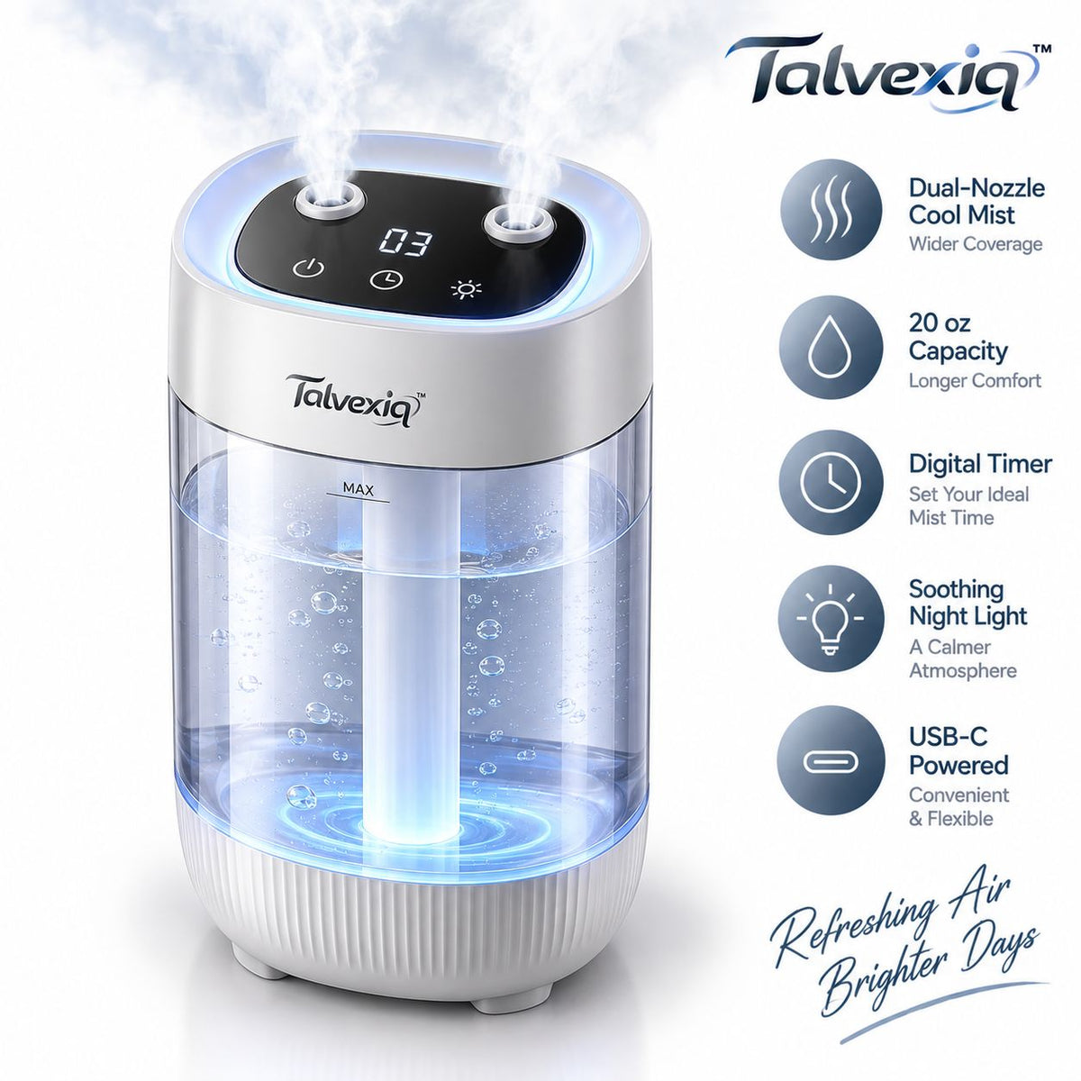 Talvexiq™ MistColumn 20 Portable Humidifier – 20 oz Dual-Nozzle Cool Mist Humidifier with Digital Timer & USB-C Power