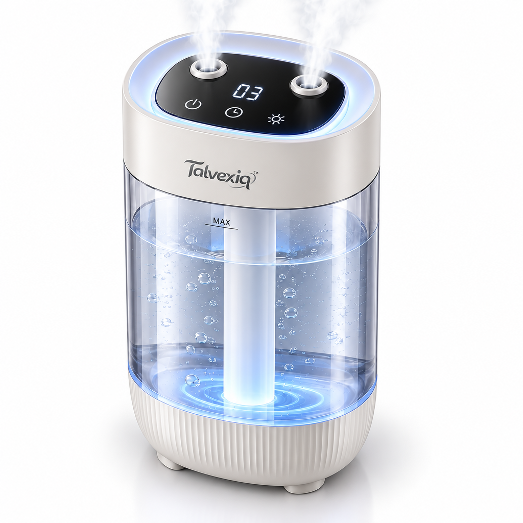 Talvexiq™ MistColumn 20 Portable Humidifier – 20 oz Dual-Nozzle Cool Mist Humidifier with Digital Timer & USB-C Power