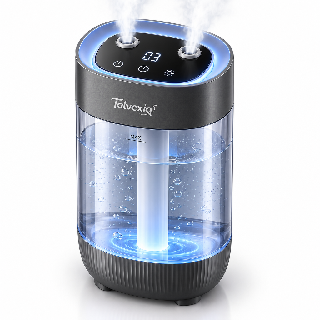 Talvexiq™ MistColumn 20 Portable Humidifier – 20 oz Dual-Nozzle Cool Mist Humidifier with Digital Timer & USB-C Power