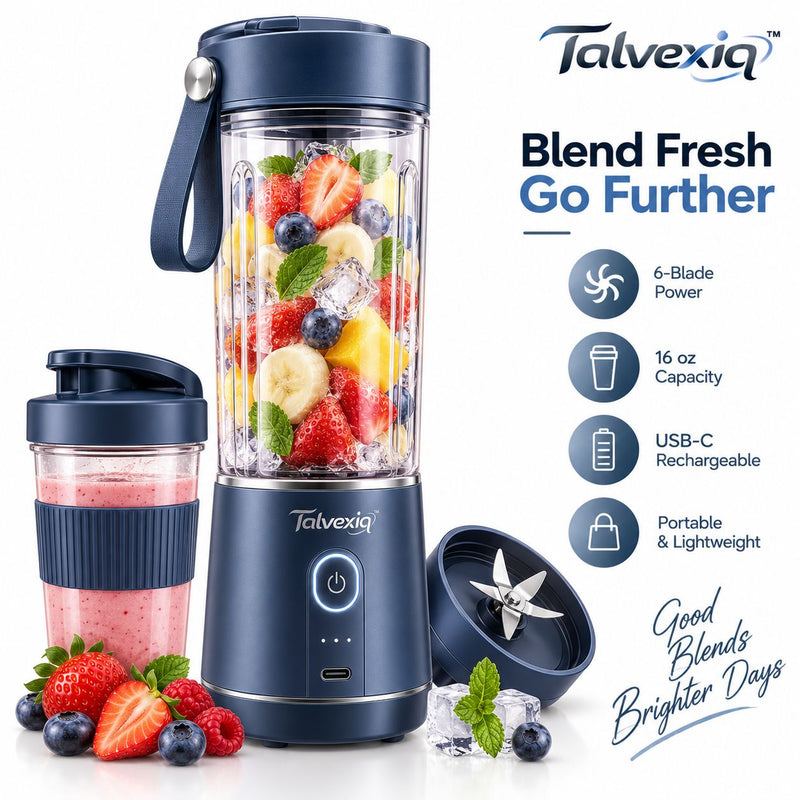 Talvexiq™ BlendGo 16 Portable Blender – 16 oz USB-C Rechargeable Personal Smoothie Blender with 6-Blade System & Travel Lid
