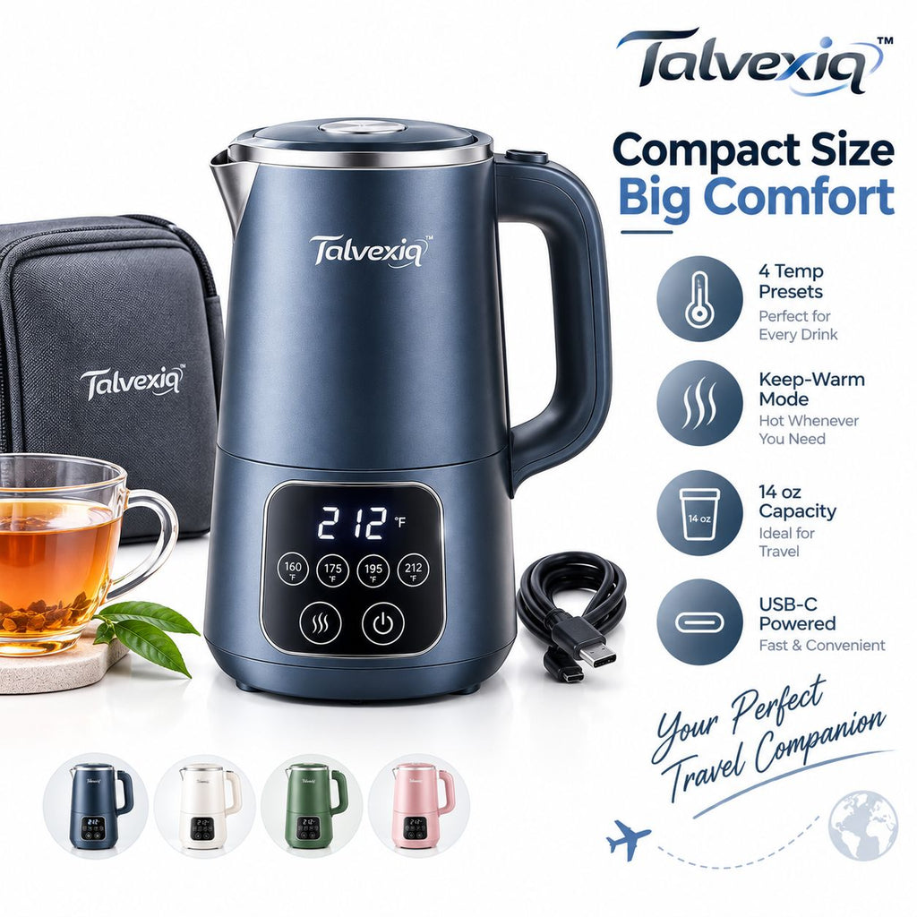 Talvexiq™ HeatCup 14 Mini Electric Kettle – 14 oz Travel Kettle with 4 Temperature Presets, Keep-Warm Mode & Auto Shutoff