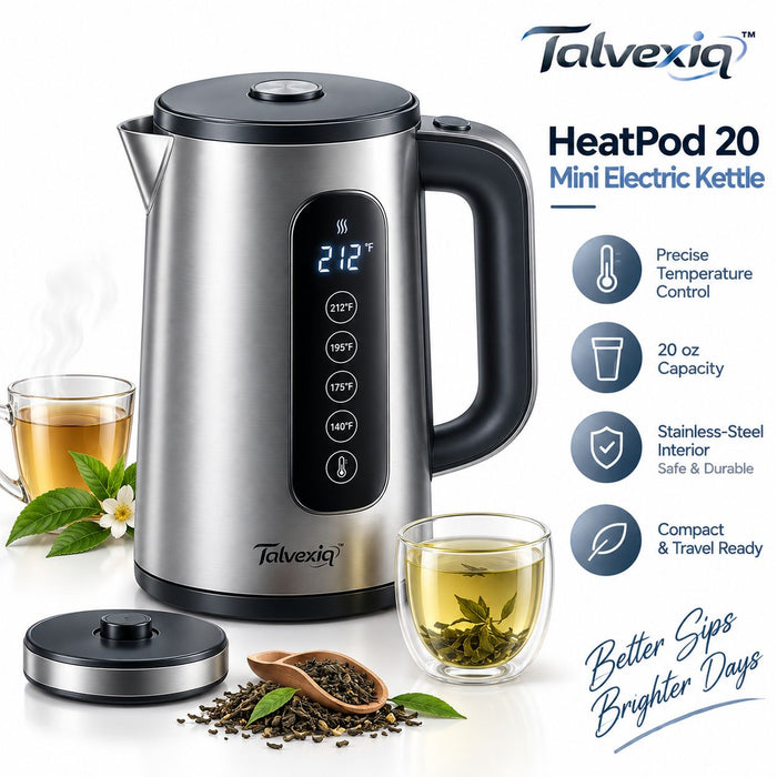 Talvexiq™ HeatPod 20 Mini Electric Kettle – 20 oz Compact Stainless-Steel Kettle with Digital Temperature Control & Keep Warm